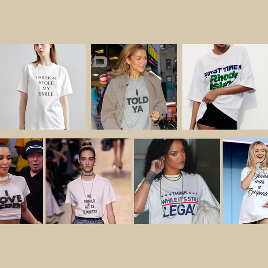 timeless slogan t-shirt styles including Zendeya in Loewe, Victoria Beckham and Christian Dior