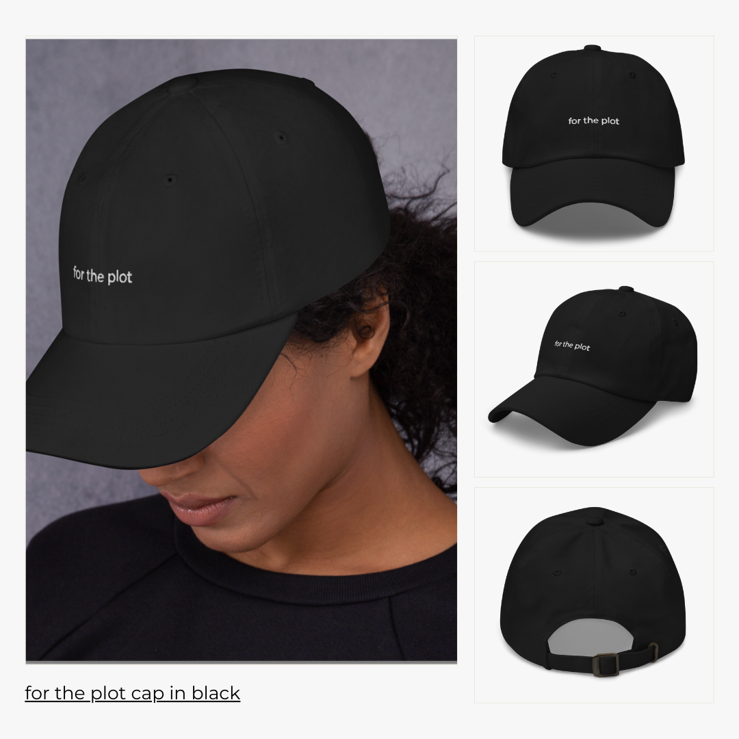 model wears the 'for the plot' cap in black