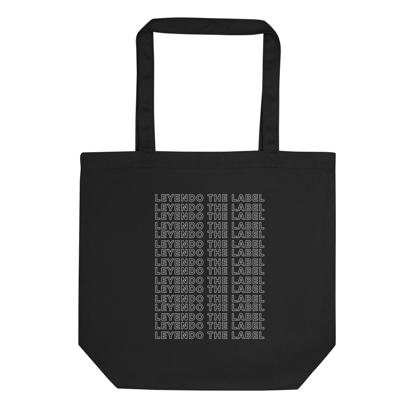 durable tote bag in black with printed 'leyendo the label' slogan