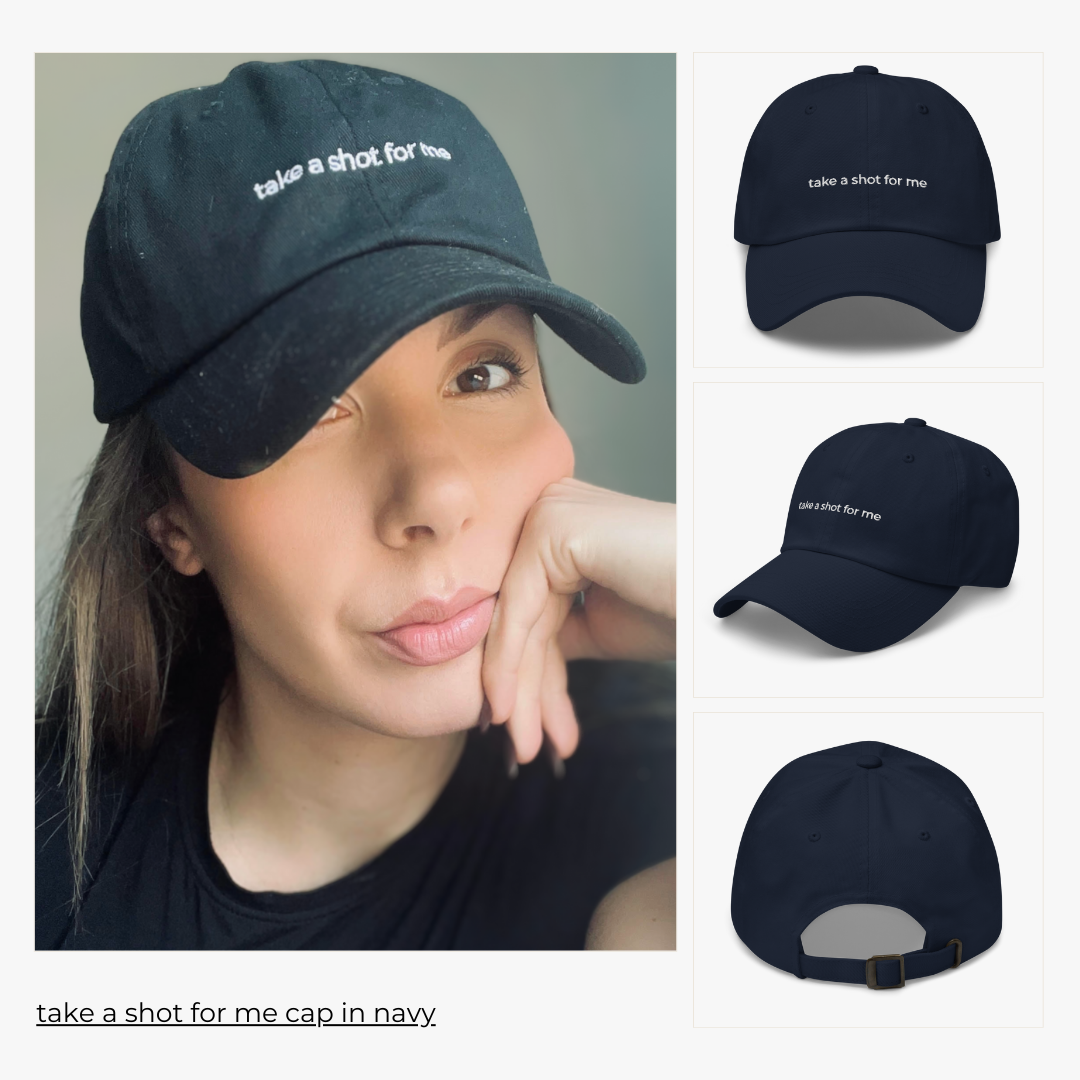 model wears take a shot for me cap in navy